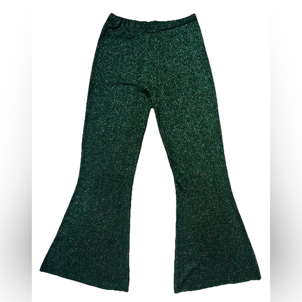 Never Fully Dressed Glittery Green Flared Pants L Holiday Cocktail Party Boho